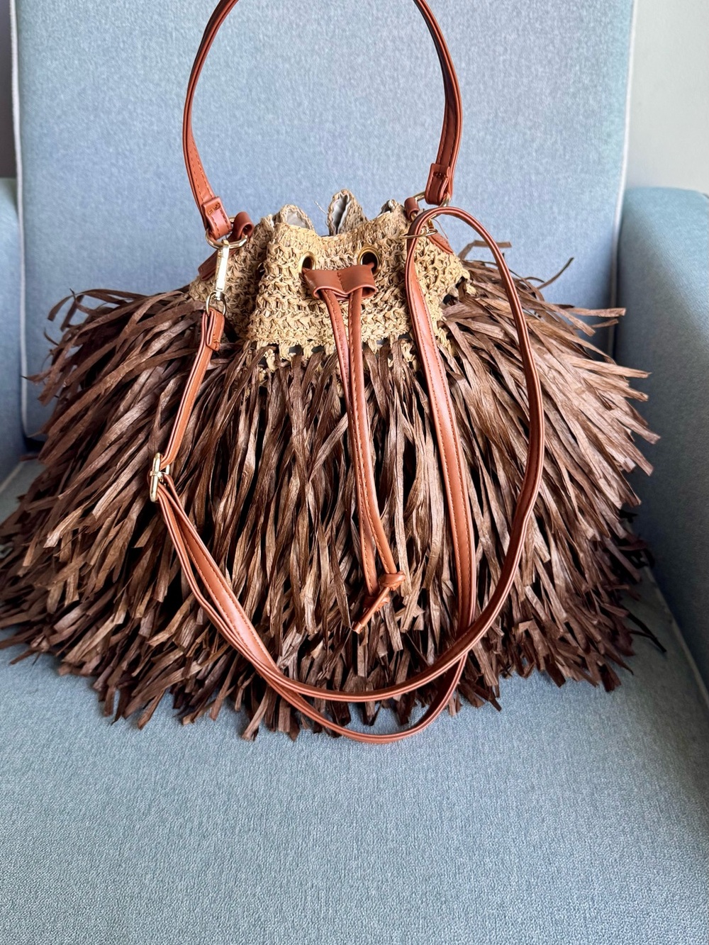 Boho Brown Raffia Fringe Shoulder Bag with Leather Straps - Picture 2 of 5